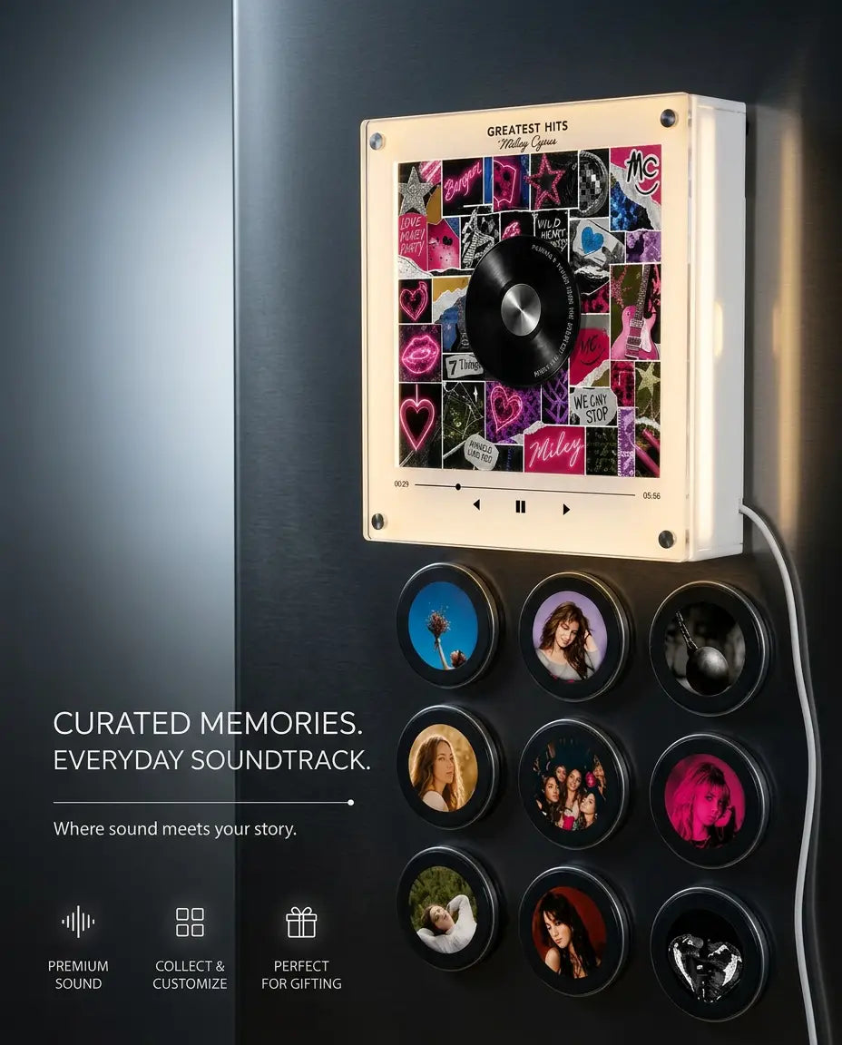 MagnetVinyl Miley Cyrus glowing vinyl frame on a fridge with nine photo discs