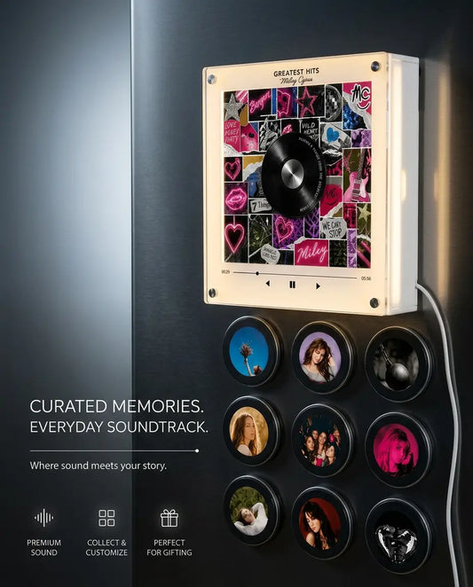 MagnetVinyl Miley Cyrus glowing vinyl frame on a fridge with nine photo discs